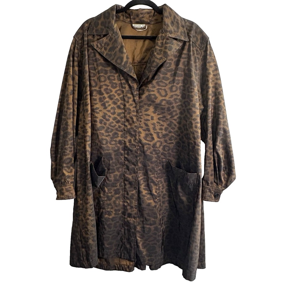 MYCRA PAC Women Packable Swing Raincoat Sz L Brown Leopard Trench 60s Retro 63-2